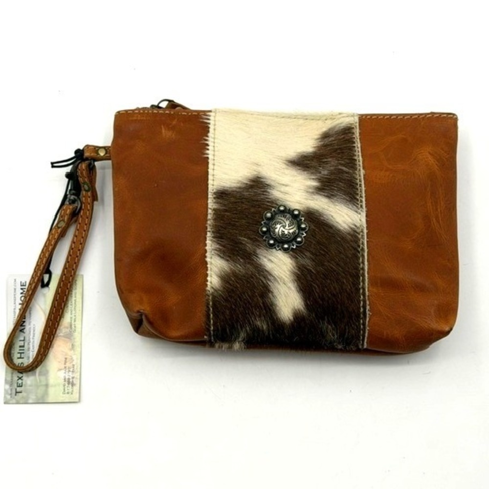 Myra Bag Brown Leather Cowhide Wristlet Clutch with Silver Concho S-5832
